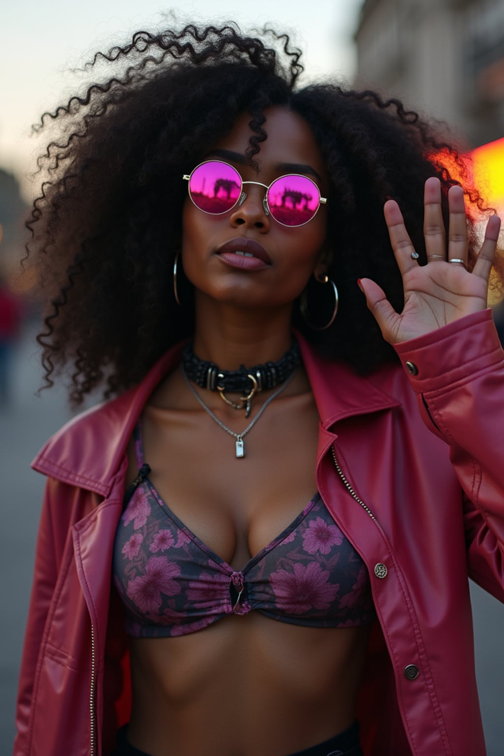 Model with alternative fashion, edgy attitude, street photography vibes. Pink-tinted glasses, dark choker, expressive pose . TikTok and Instagram style.