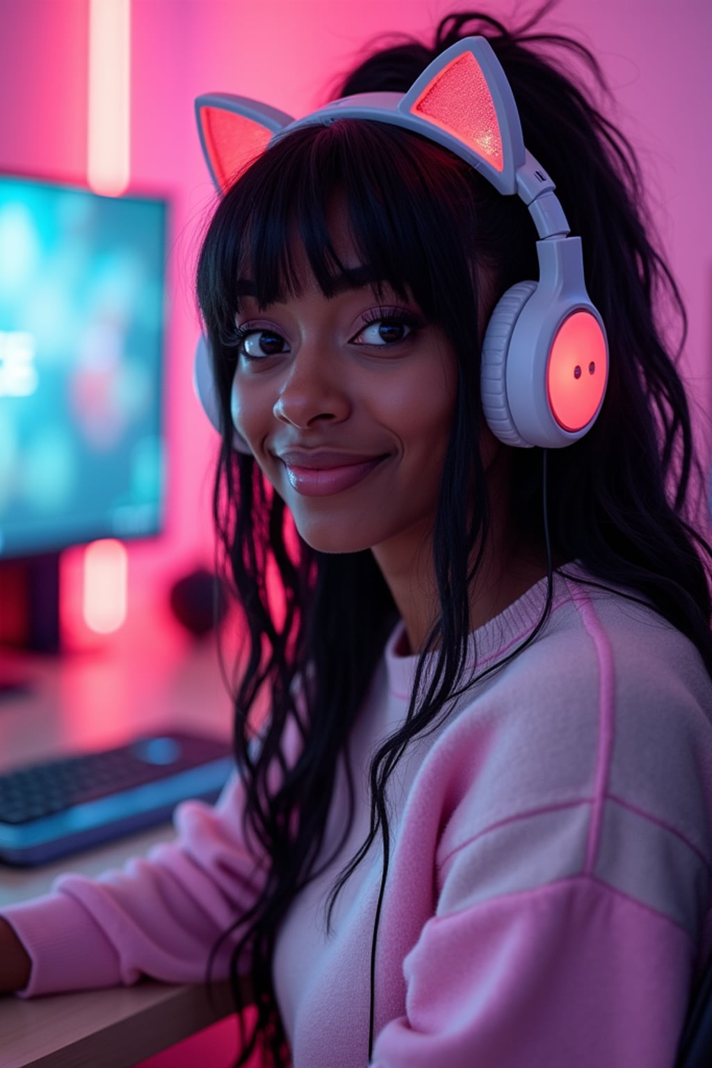 Model as a gaming E-Girl photoshoot. Cat ear headphones, neon-lit gaming room, pastel sweater . Streaming setup aesthetic.