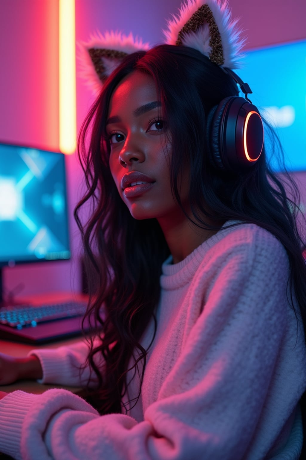 Model as a gaming E-Girl photoshoot. Cat ear headphones, neon-lit gaming room, pastel sweater . Streaming setup aesthetic.