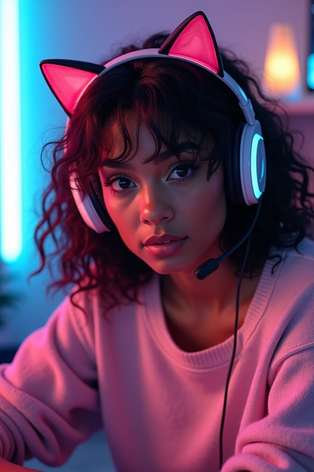 Model as a gaming E-Girl photoshoot. Cat ear headphones, neon-lit gaming room, pastel sweater . Streaming setup aesthetic.