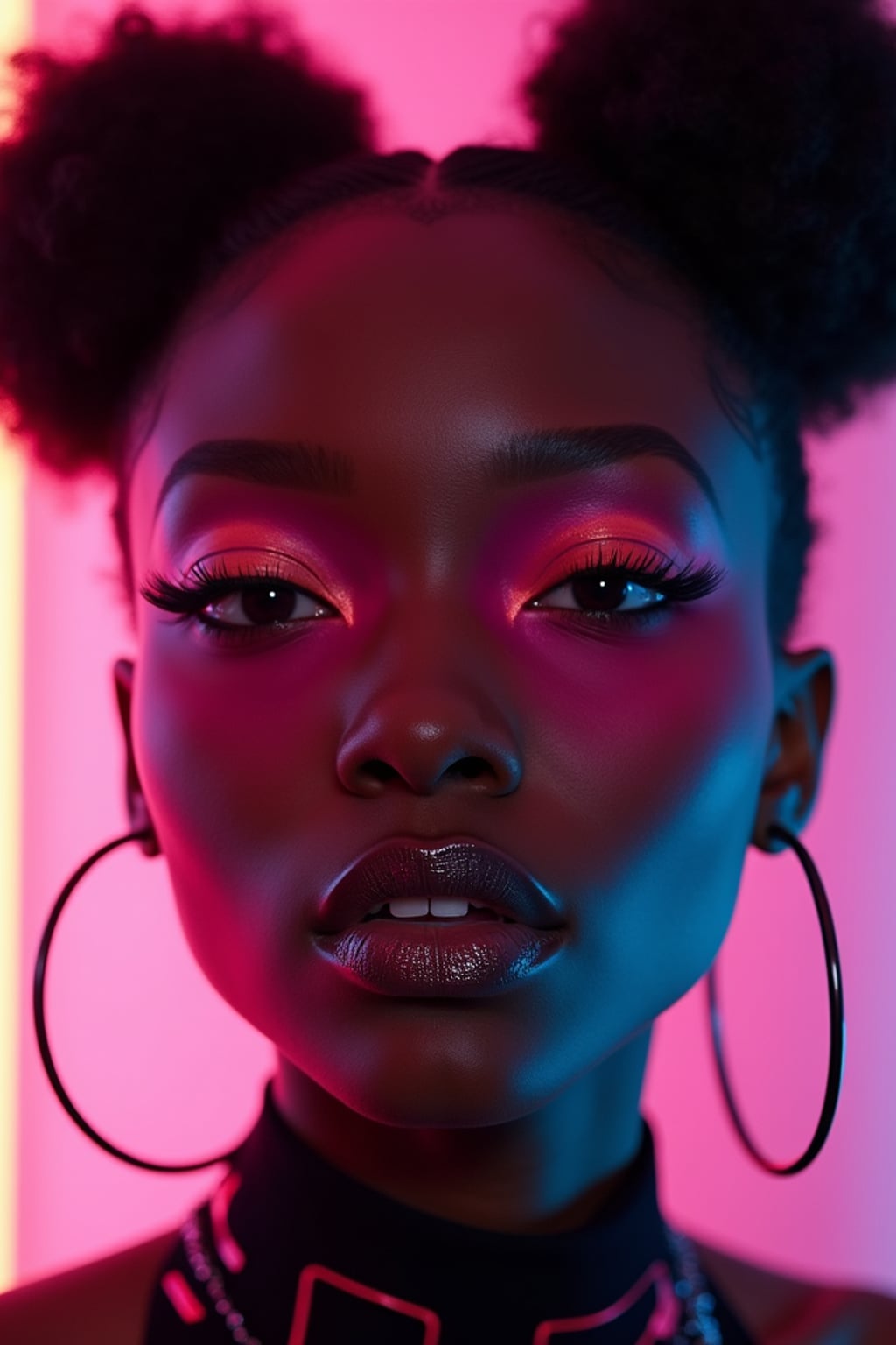 Close-up of woman as an E-Girl portrait with soft goth makeup. Blush-heavy cheeks, glossy lips, dramatic eyeliner, space buns hairstyle . Neon cyberpunk background.