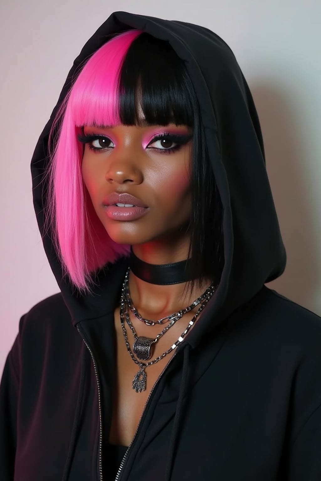 Model as an E-Girl. Wearing a black oversized hoodie, choker necklace, heavy winged eyeliner, split-dyed pastel pink and black hair . Edgy alternative fashion, TikTok aesthetic.
