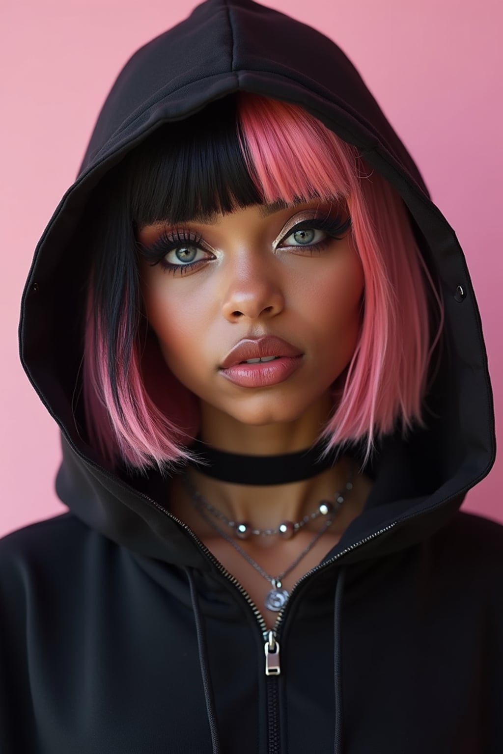 Model as an E-Girl. Wearing a black oversized hoodie, choker necklace, heavy winged eyeliner, split-dyed pastel pink and black hair . Edgy alternative fashion, TikTok aesthetic.