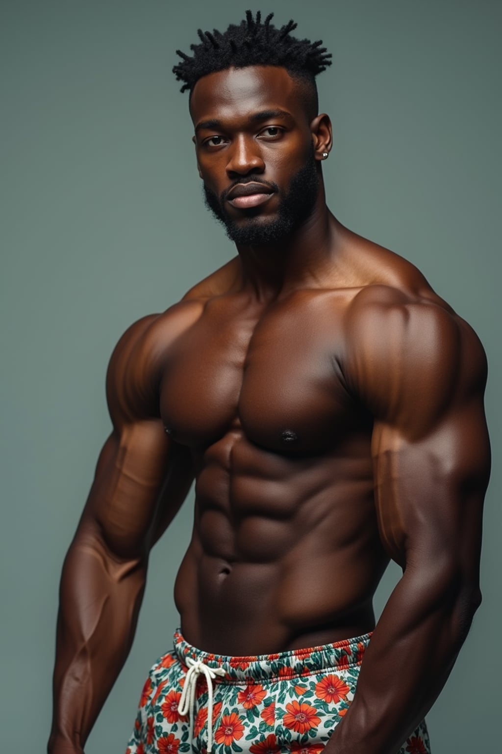 man  showing their muscles looking into camera. man is wearing  swim shorts the photo emphasizes their exaggerated, idealized body shapes.