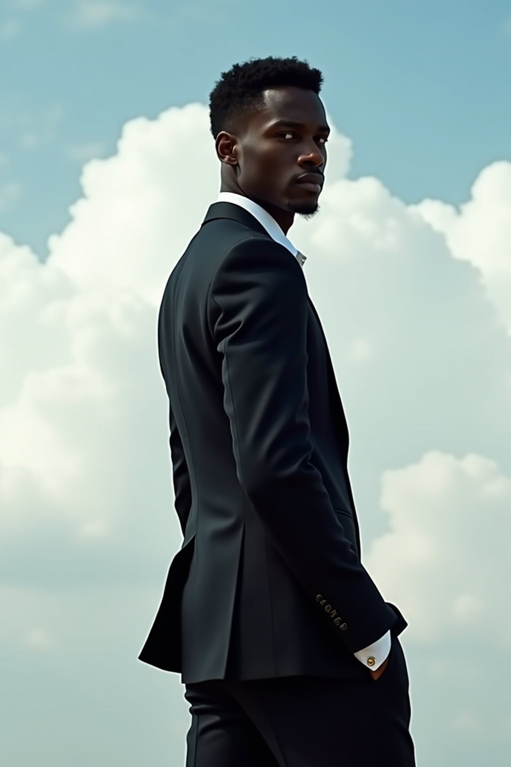 full body photo of full body photo of man posing with their back to the camera, looking over their shoulder. man is wearing a highly stylized  elegant suit the background appears to be a cloudy, dreamlike sky, enhancing the surreal and artistic quality of the photograph. the lighting and composition focus attention on the contrast between her outfit and the soft background.  the photo emphasizes their exaggerated, idealized body shapes.