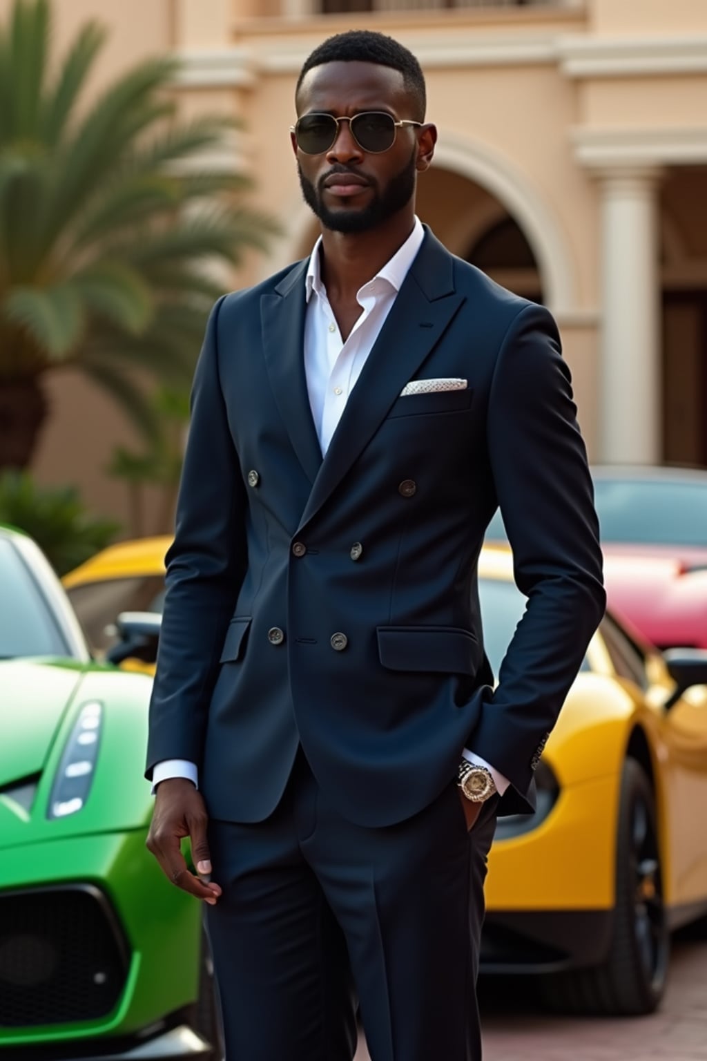Full-body shot of of man standing next to a luxury car, wearing  a sophisticated navy blazer and tailored trousers. The background features a luxury design villa in Dubai with green, yellow and red sports cars. Vibrant lighting.