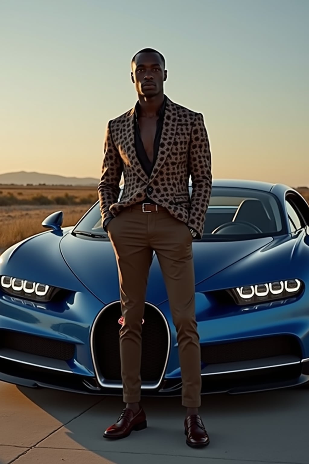 Full-body shot of a confident man standing next to a bugatti sports car. mans wears luxurious clothes