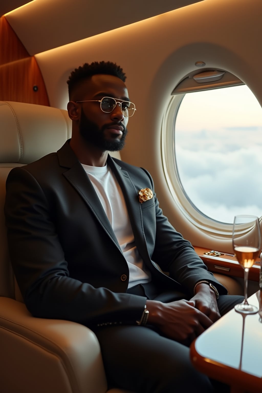 beautiful influencer instagram man wearing elegant clothes sitting in private jet cabin, with leather interior, luxurious. champagne is on the table. outside is clouds because we are flying.