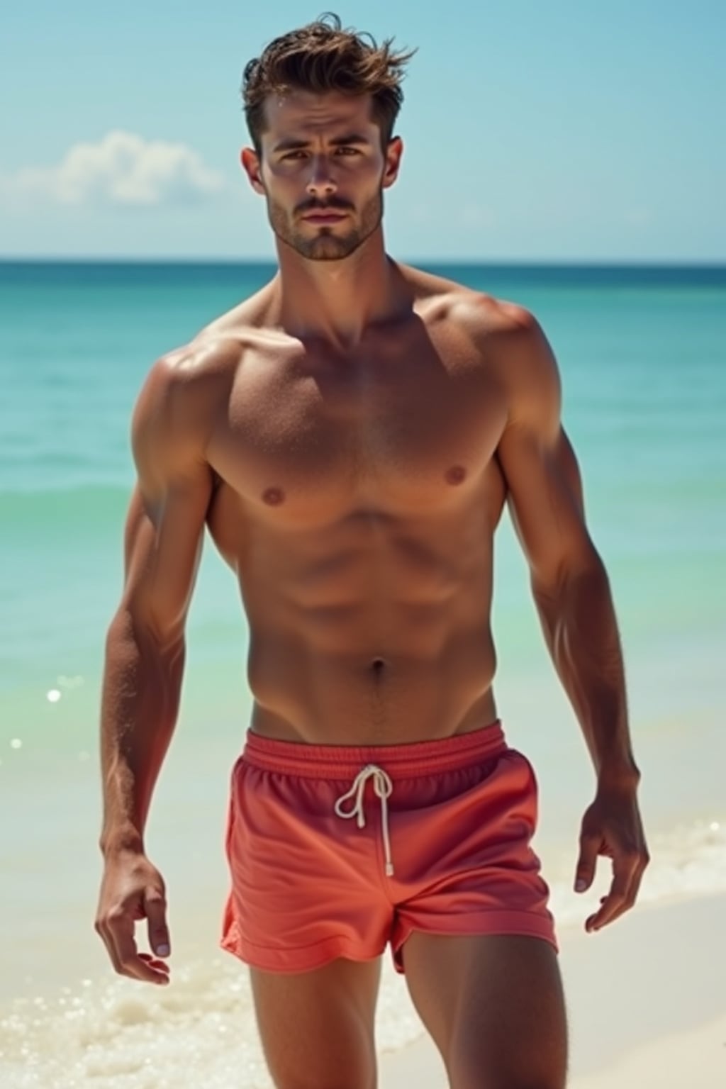 masculine  man in solid color  swim shorts on the beach, wet hair, swimsuit sports illustrated FHM maxim photos
