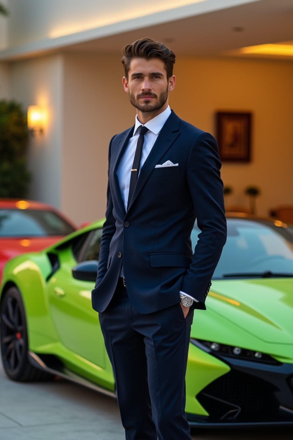 Full-body shot of of man standing next to a luxury car, wearing  a sophisticated navy blazer and tailored trousers. The background features a luxury design villa in Dubai with green, yellow and red sports cars. Vibrant lighting.