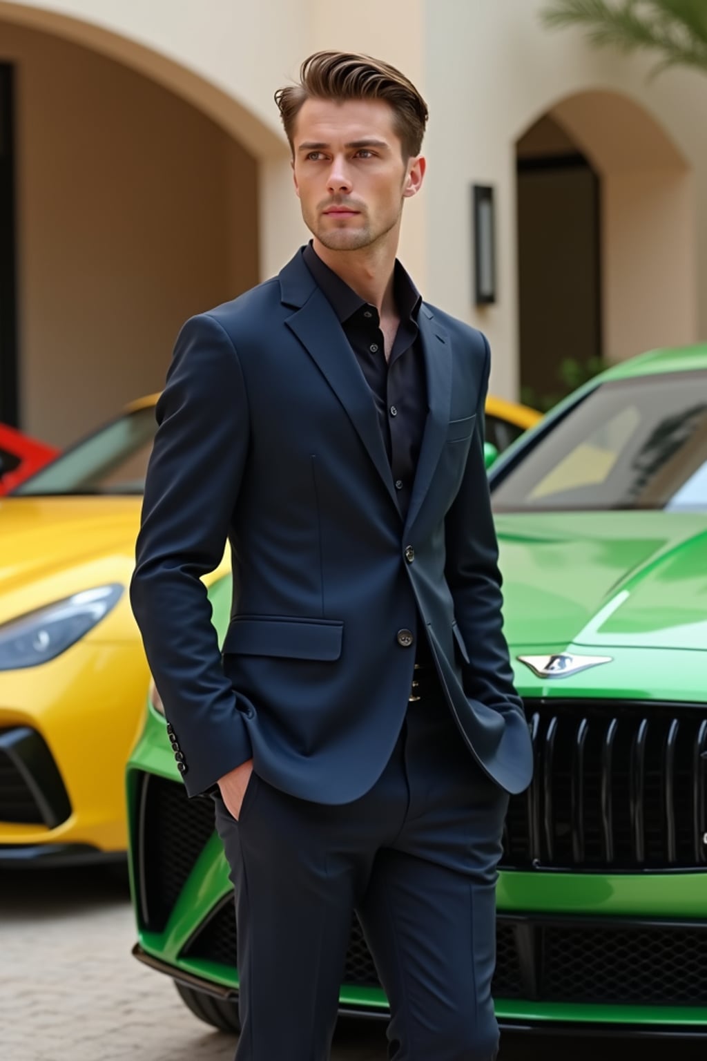 Full-body shot of of man standing next to a luxury car, wearing  a sophisticated navy blazer and tailored trousers. The background features a luxury design villa in Dubai with green, yellow and red sports cars. Vibrant lighting.