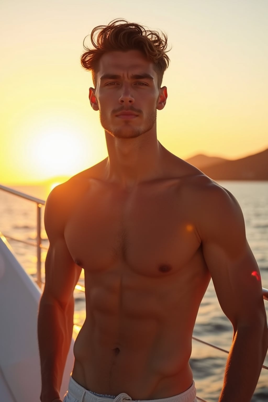 Full-body shot of man posing confidently, on a private yacht with the sunset in the background. Golden hour lighting.