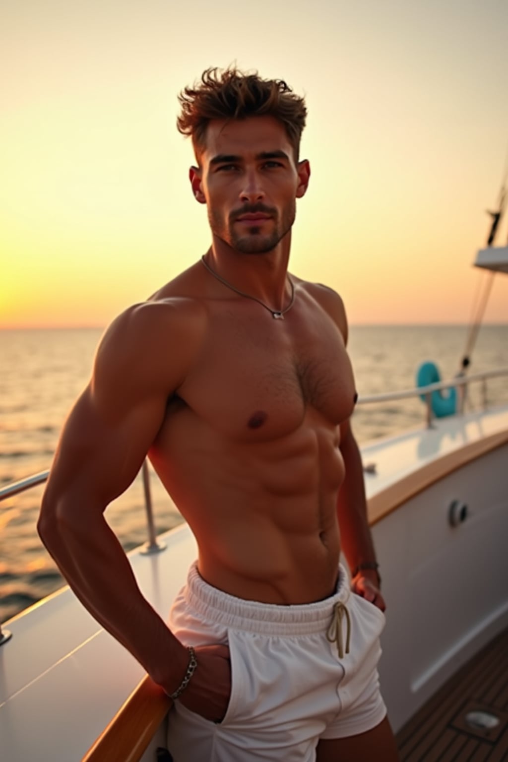 Full-body shot of man posing confidently, on a private yacht with the sunset in the background. Golden hour lighting.