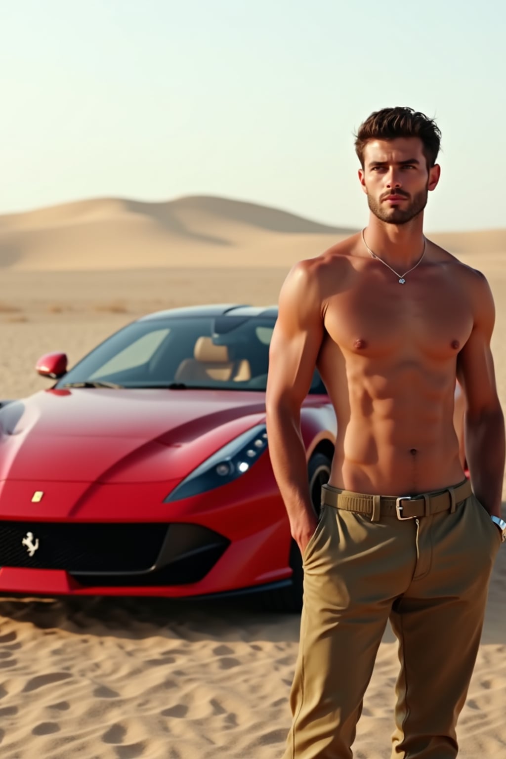 full-body shot of a confident man standing next to a red luxury ferrari sports car in a desert setting.