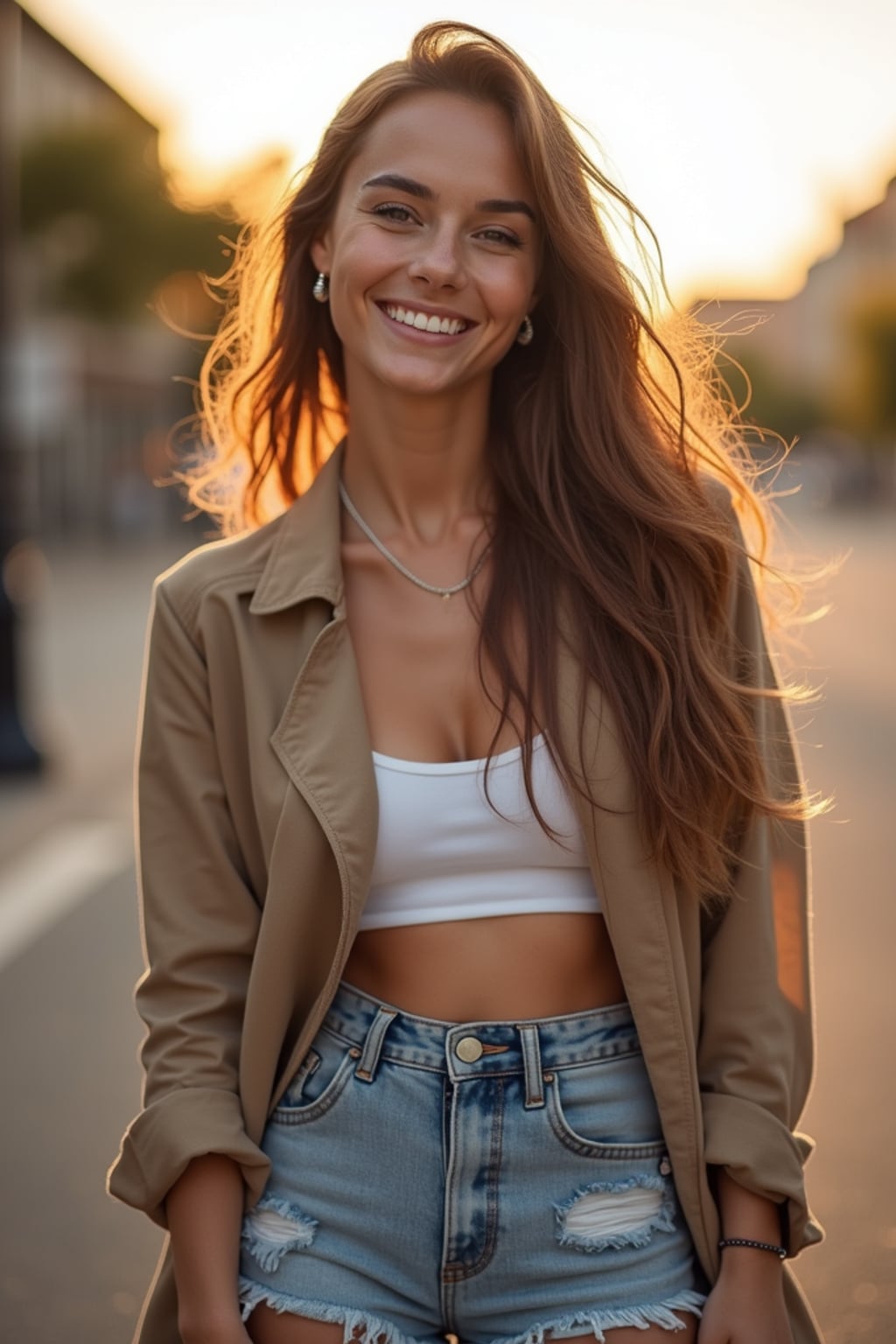 headshot of smiling woman wearing casual clothes posing for dating app headshot. outdoor blurry background. the lighting is warm, possibly from a setting sun, creating a soft glow around him, enhancing the casual and relaxed vibe of the image. the setting seems to be outdoors, likely in an urban environment, with the blurred background hinting at a street or park-like area. this image likely portrays a youthful, active, and approachable individual, possibly in a lifestyle or fashion-related context.