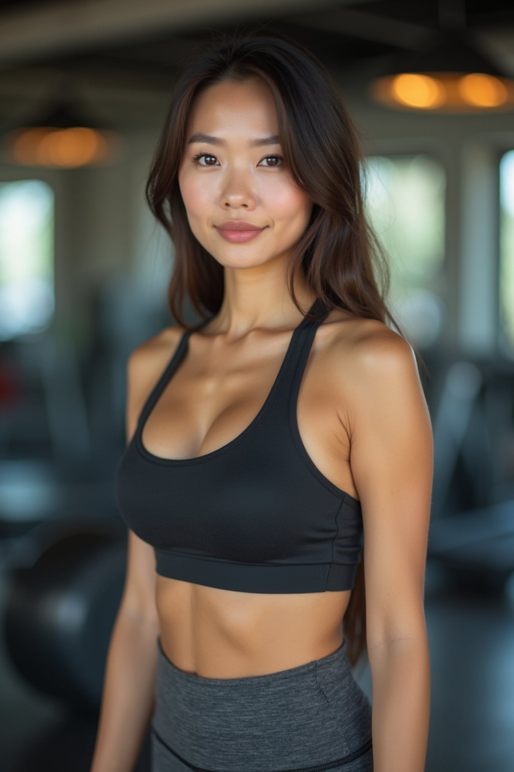 feminine woman wearing yoga pants or  and sports top in the fitness gym