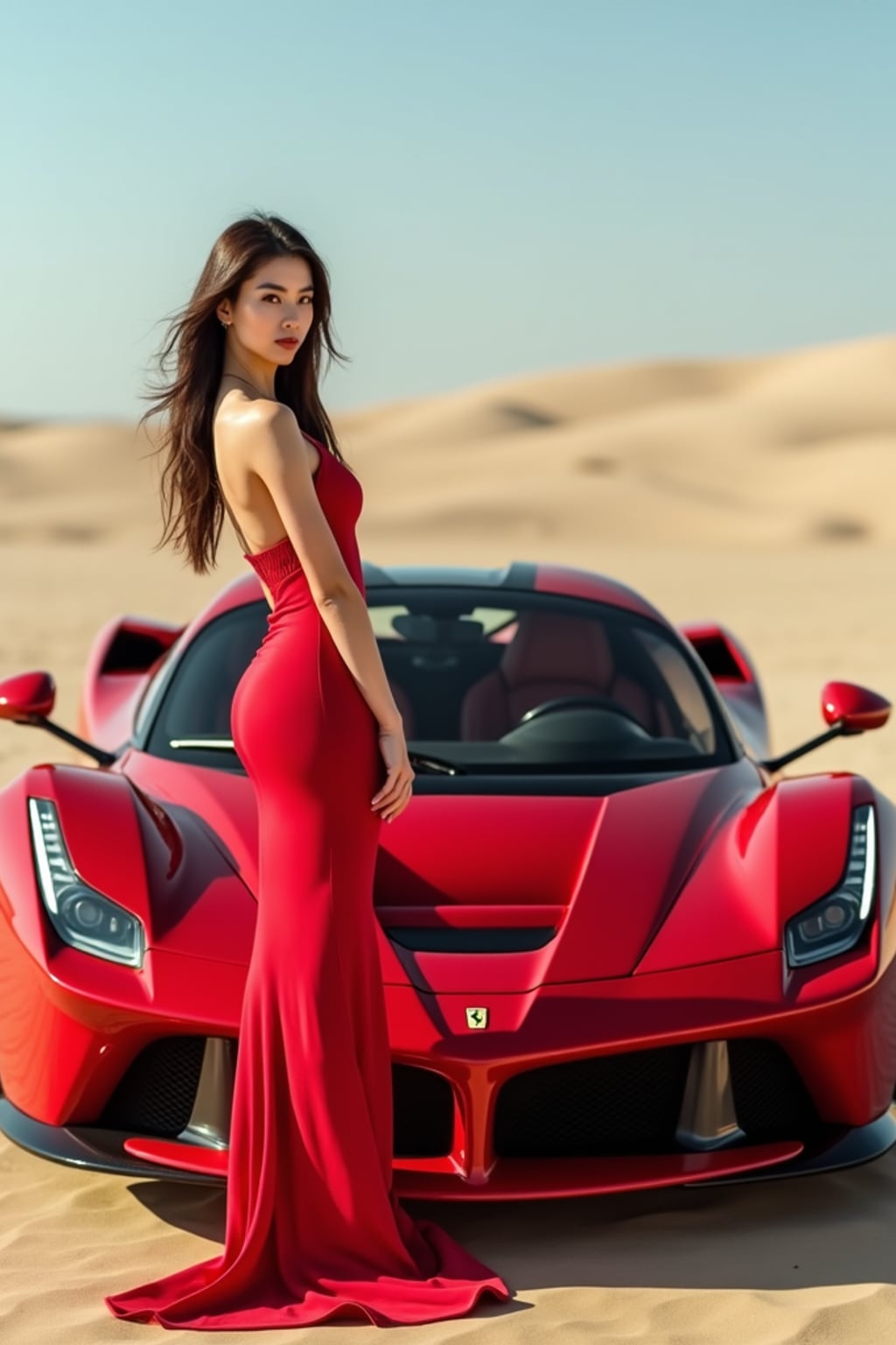 full-body shot of a confident woman standing next to a red luxury ferrari sports car in a desert setting.
