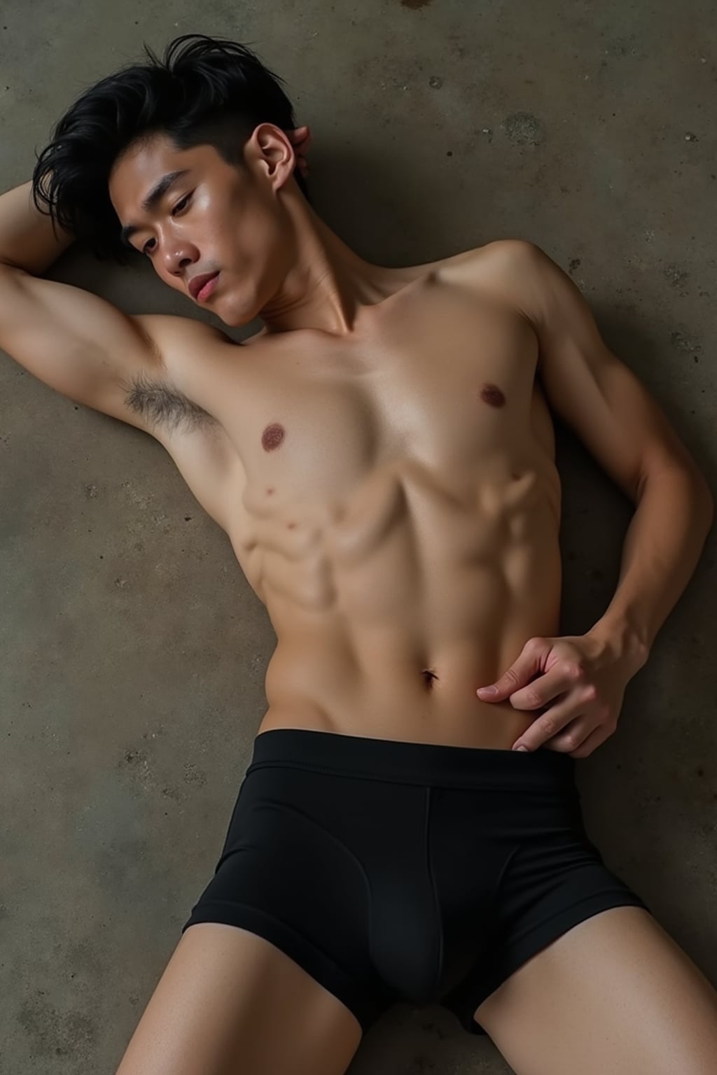 man lying on the ground in seductive pose wearing black  boxer shorts the photo emphasizes their exaggerated, idealized body shapes.