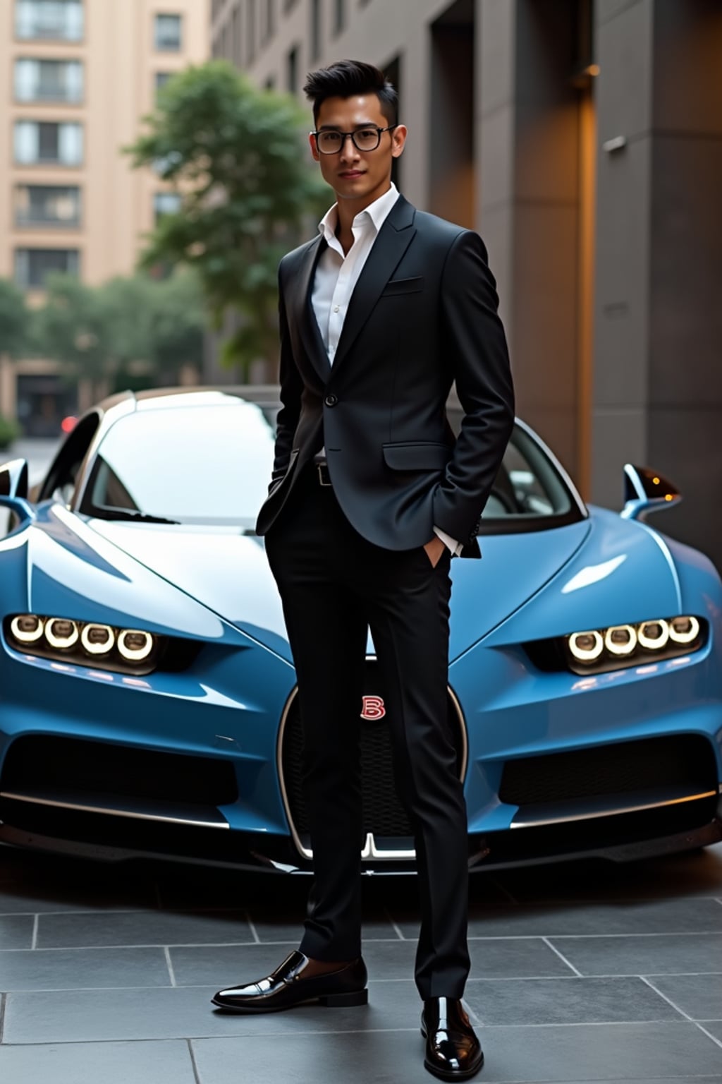 Full-body shot of a confident man standing next to a bugatti sports car. mans wears luxurious clothes