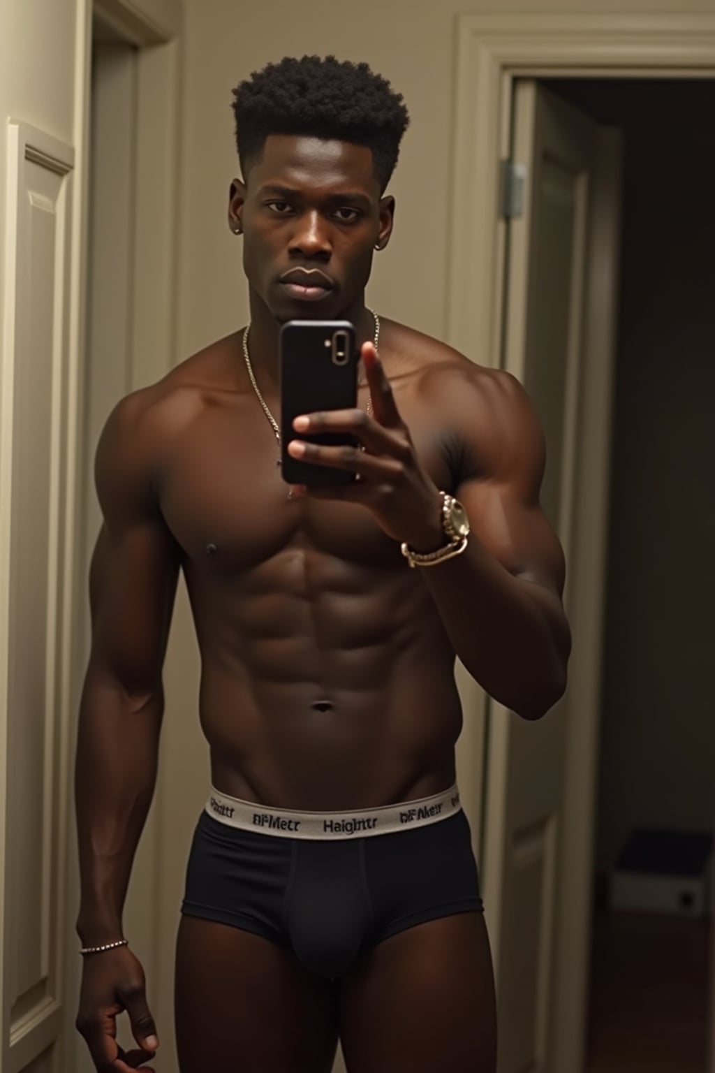 seductive man wearing  boxer shorts, doing mirror selfie, holding iPhone, full body, their reflection captured in a sultry pose. the photo emphasizes their exaggerated, idealized body shapes.