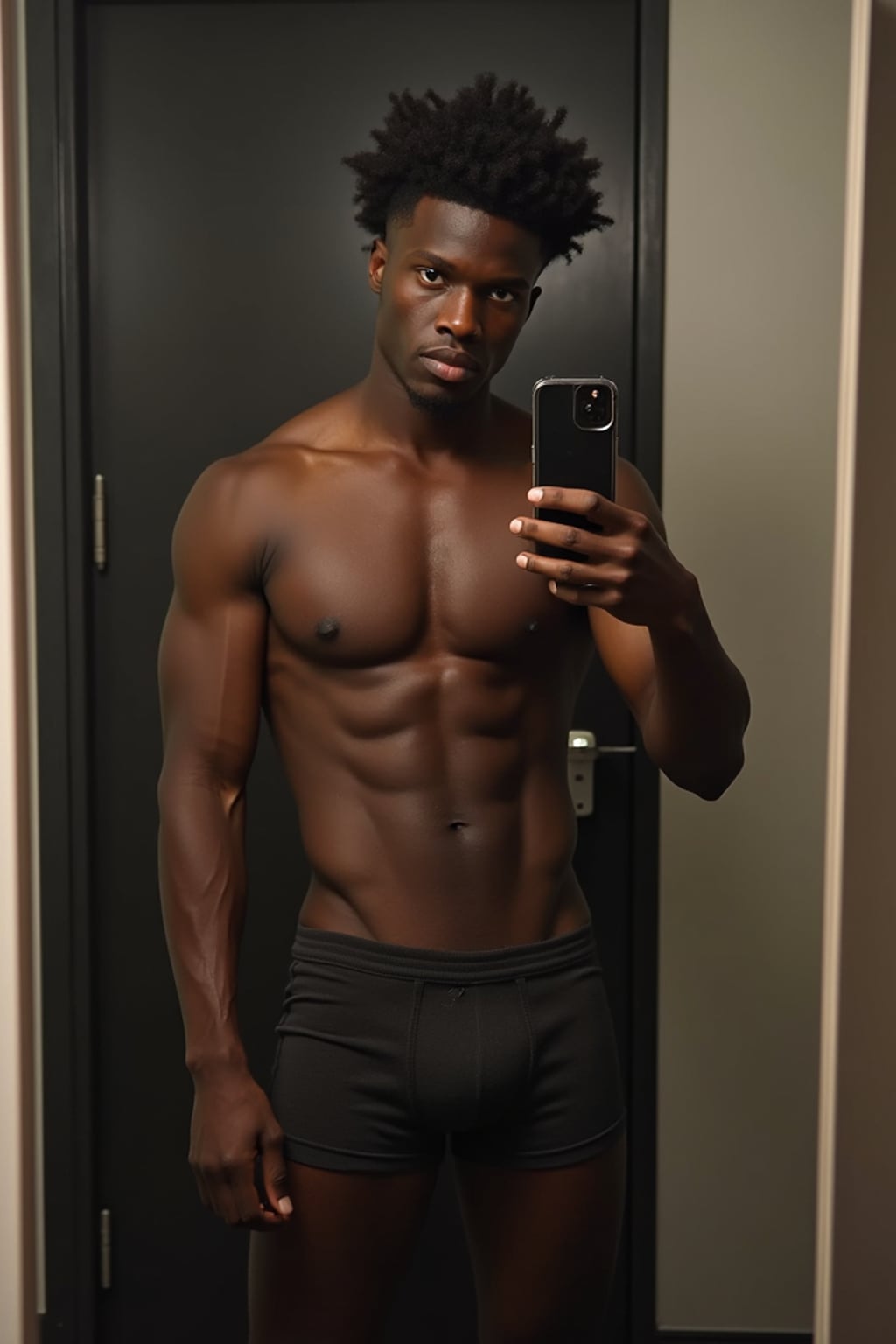 seductive man wearing  boxer shorts, doing mirror selfie, holding iPhone, full body, their reflection captured in a sultry pose. the photo emphasizes their exaggerated, idealized body shapes.