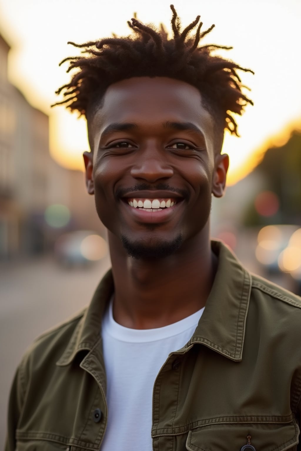 headshot of smiling man wearing casual clothes posing for dating app headshot. outdoor blurry background. the lighting is warm, possibly from a setting sun, creating a soft glow around him, enhancing the casual and relaxed vibe of the image. the setting seems to be outdoors, likely in an urban environment, with the blurred background hinting at a street or park-like area. this image likely portrays a youthful, active, and approachable individual, possibly in a lifestyle or fashion-related context.