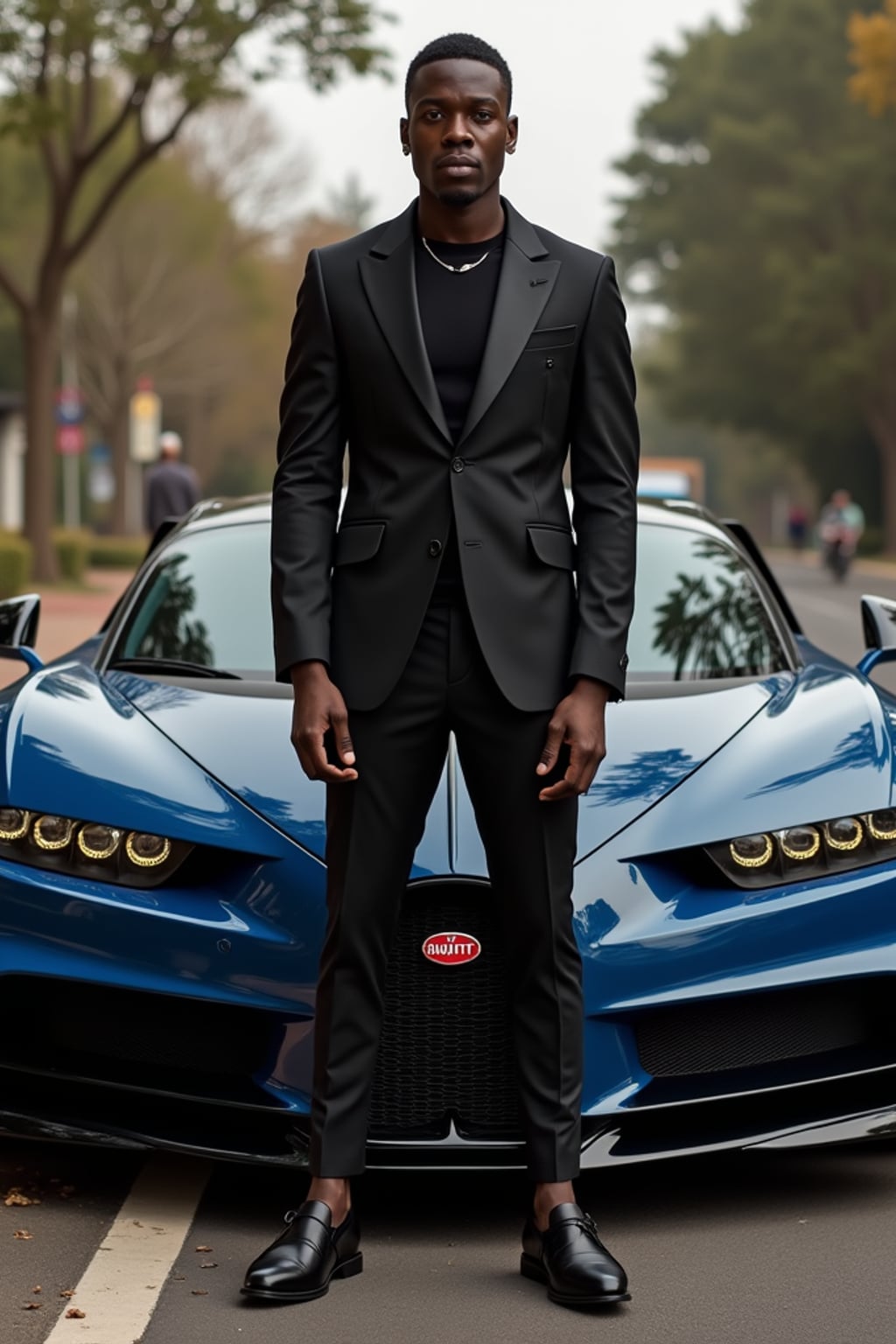 Full-body shot of a confident man standing next to a bugatti sports car. mans wears luxurious clothes