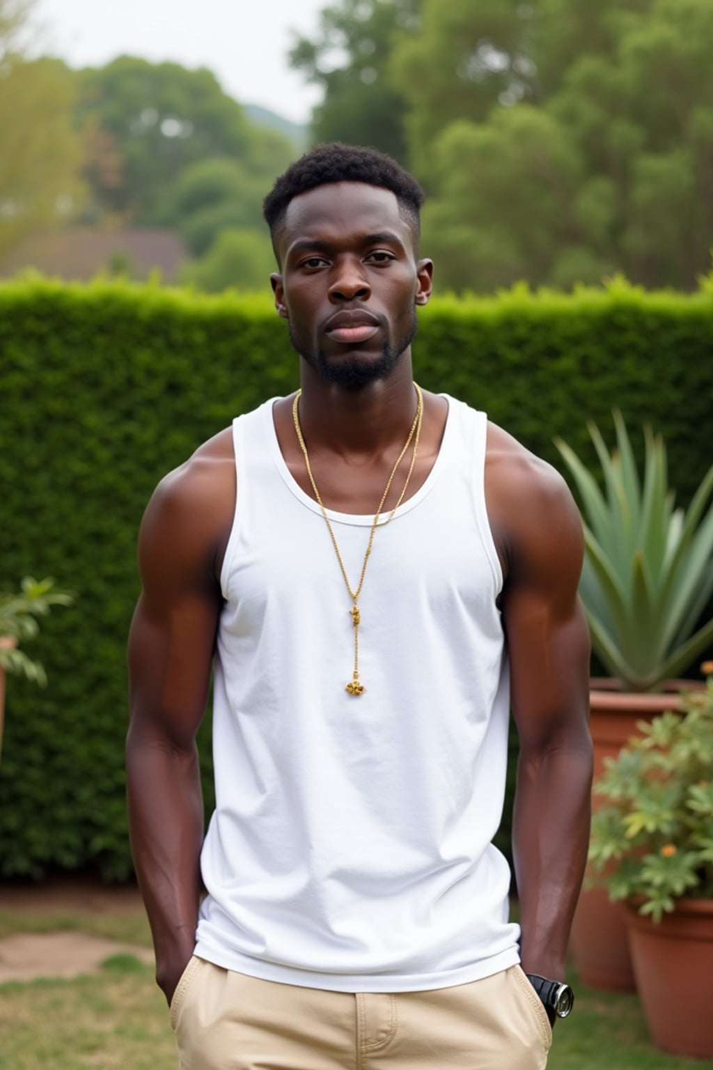Front view of man wearing  white tanktop. The man is standing in an outdoor garden setting with lush greenery and potted plants in the background. The man's face is slightly tilted with a direct gaze towards the camera. The outfit is complemented by beige pants, and a necklace is visible around the man's neck. The background shows a mix of trimmed hedges and trees, creating a serene and natural atmosphere.