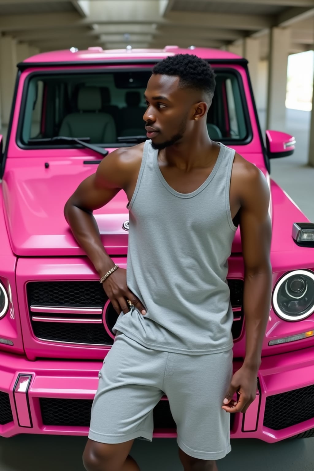 full body photo of man wearing a gray  tank top and matching shorts, leaning against a pink suv. the man looks to the right. the vehicle features a modern, boxy design with a prominent front grille and round headlights. the setting is an indoor parking area with concrete columns visible in the background.