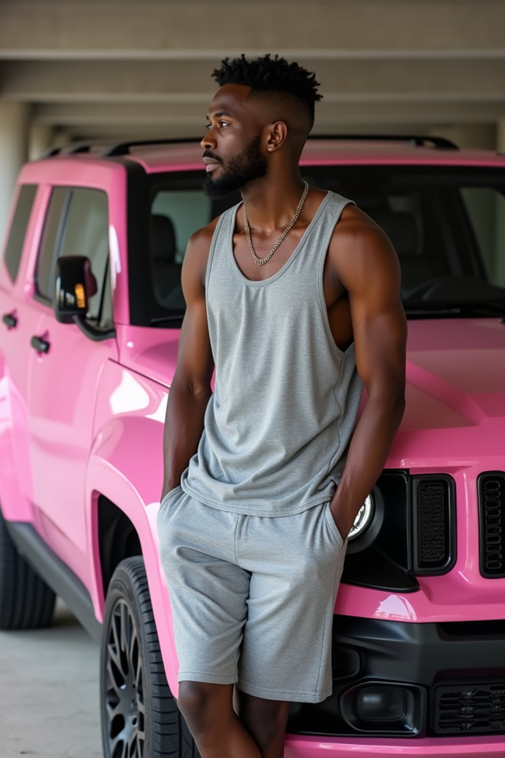 full body photo of man wearing a gray  tank top and matching shorts, leaning against a pink suv. the man looks to the right. the vehicle features a modern, boxy design with a prominent front grille and round headlights. the setting is an indoor parking area with concrete columns visible in the background.