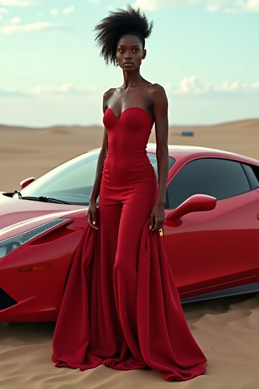 full-body shot of a confident woman standing next to a red luxury ferrari sports car in a desert setting.