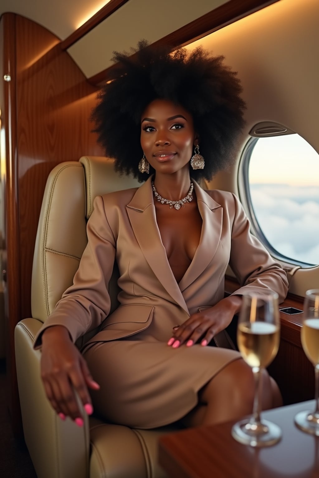 beautiful influencer instagram woman wearing elegant clothes sitting in private jet cabin, with leather interior, luxurious. champagne is on the table. outside is clouds because we are flying.