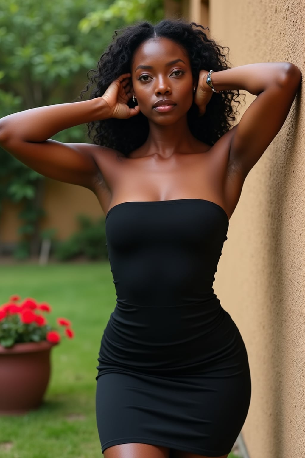 full body photo of woman leaning against a textured wall outdoors. The woman is wearing a black, strapless dress. The woman's arms are raised with hands resting on the back of the head. The background features greenery and a planter with flowers, creating a serene garden setting. The woman is facing forward with a relaxed expression.