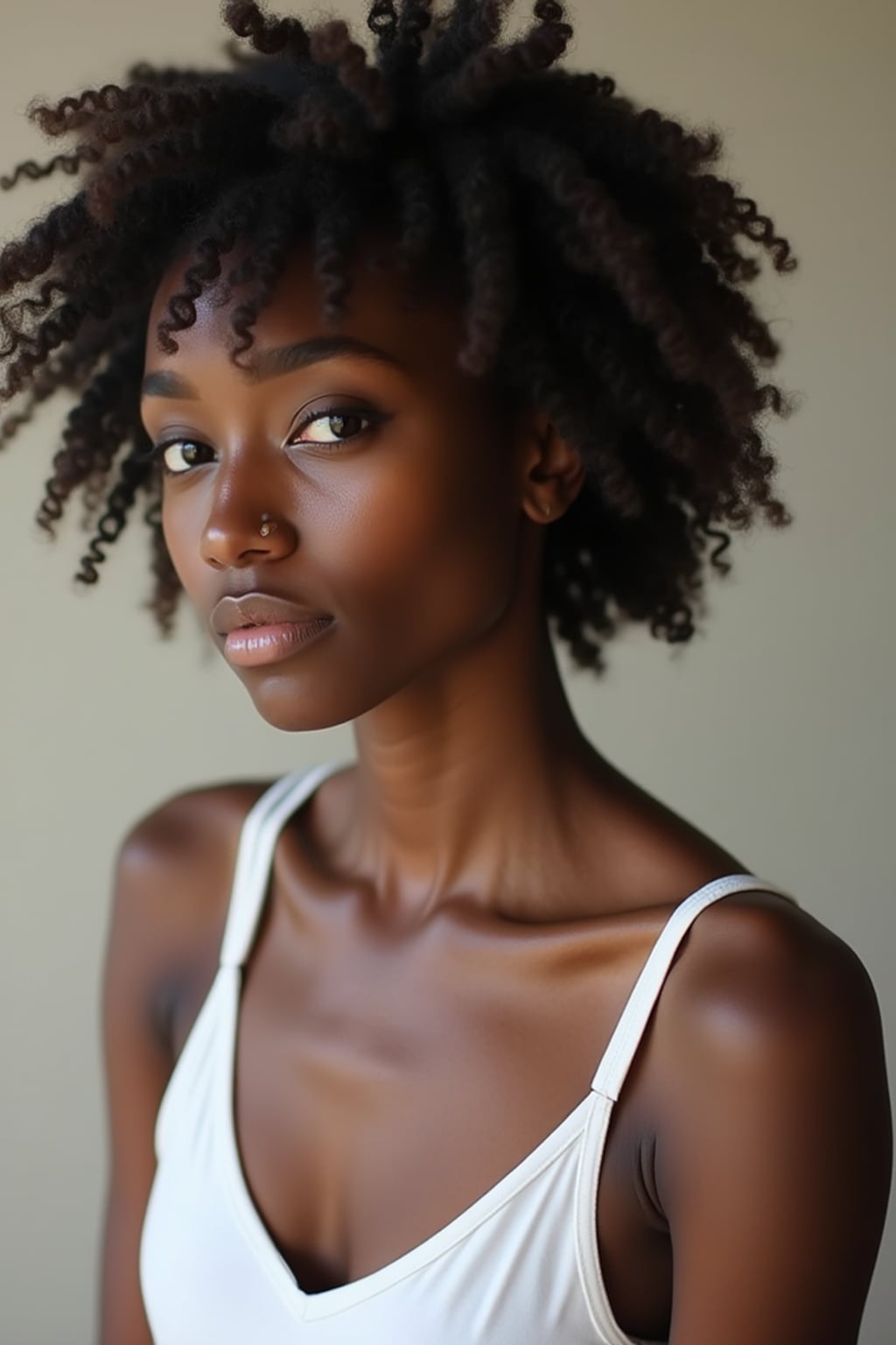 casual profile headshot photo of woman for instagram. hasselblad photography. white tanktop.