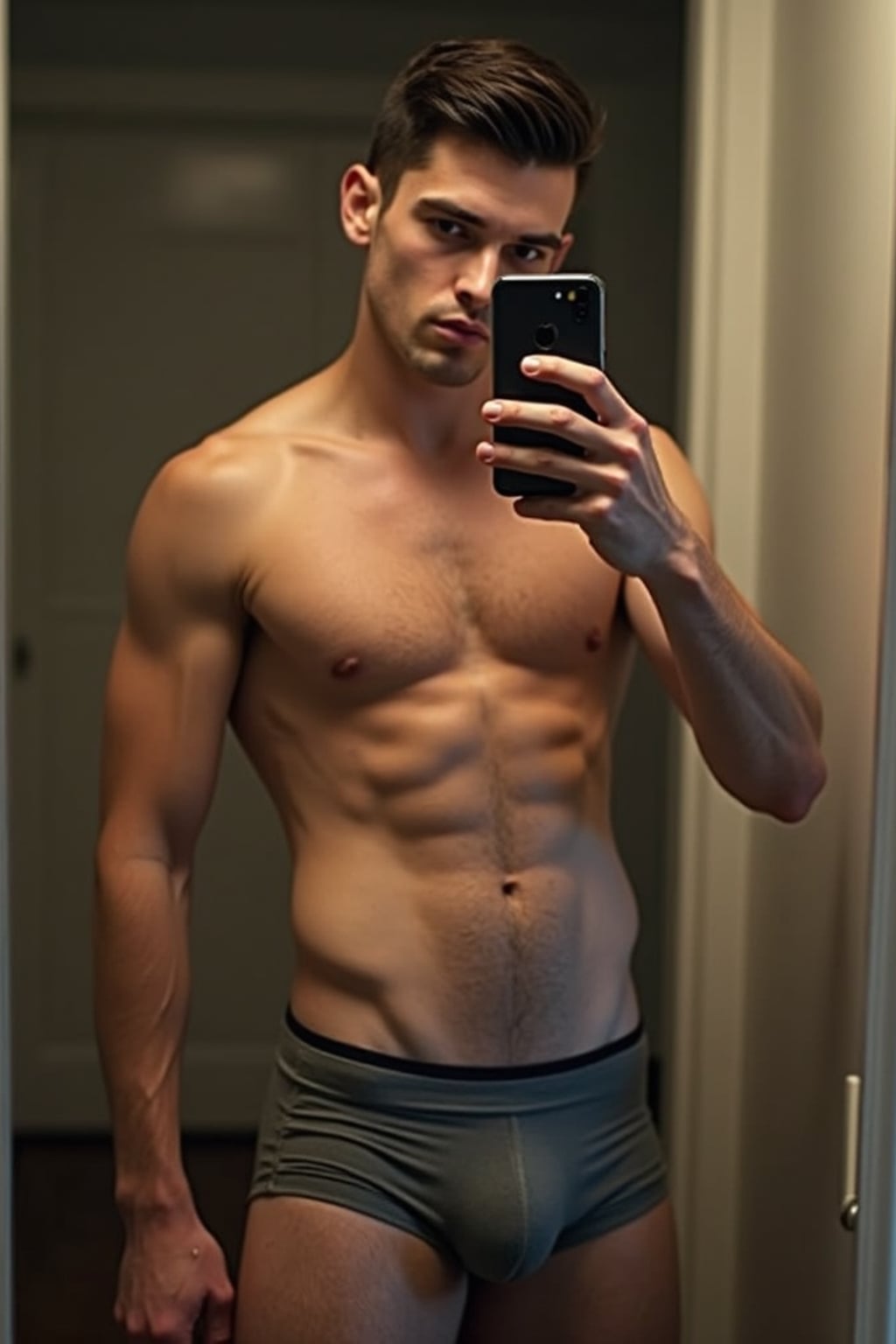 seductive man wearing  boxer shorts, doing mirror selfie, holding iPhone, full body, their reflection captured in a sultry pose. the photo emphasizes their exaggerated, idealized body shapes.