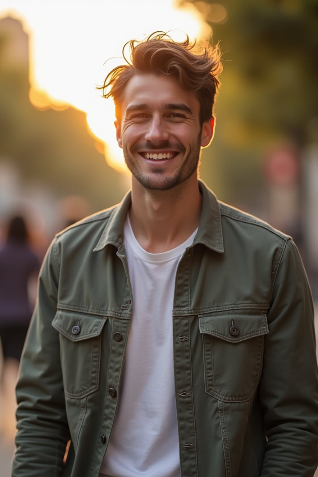 headshot of smiling man wearing casual clothes posing for dating app headshot. outdoor blurry background. the lighting is warm, possibly from a setting sun, creating a soft glow around him, enhancing the casual and relaxed vibe of the image. the setting seems to be outdoors, likely in an urban environment, with the blurred background hinting at a street or park-like area. this image likely portrays a youthful, active, and approachable individual, possibly in a lifestyle or fashion-related context.