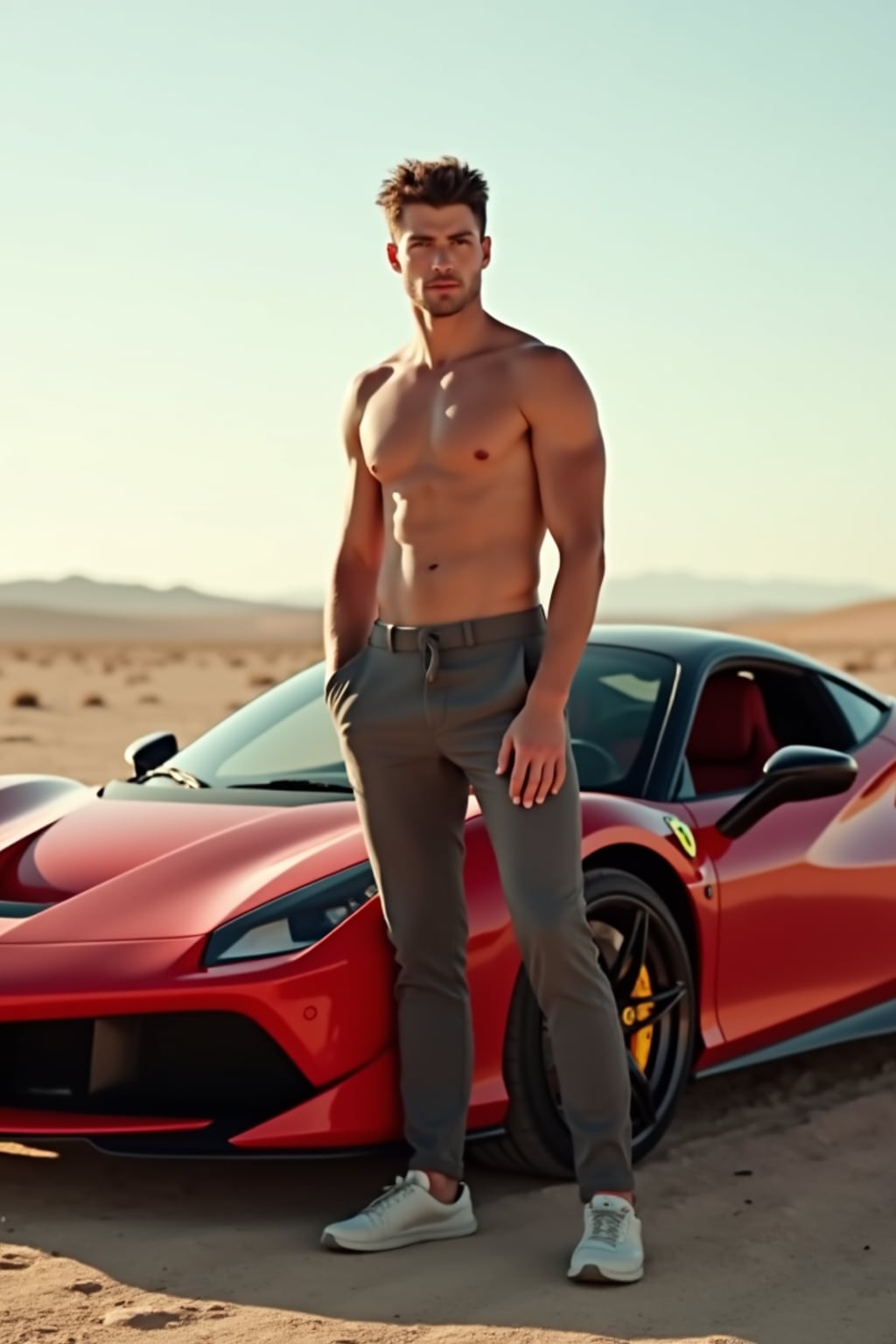 full-body shot of a confident man standing next to a red luxury ferrari sports car in a desert setting.