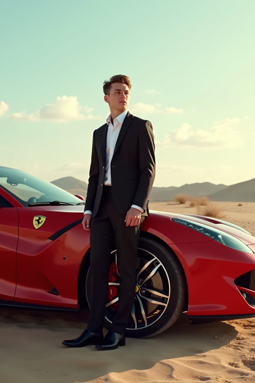 full-body shot of a confident man standing next to a red luxury ferrari sports car in a desert setting.