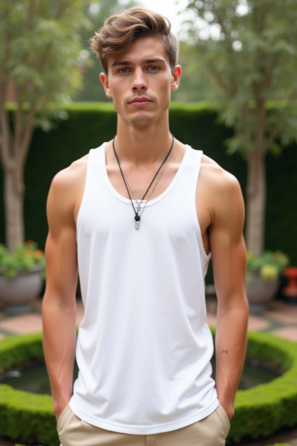 Front view of man wearing  white tanktop. The man is standing in an outdoor garden setting with lush greenery and potted plants in the background. The man's face is slightly tilted with a direct gaze towards the camera. The outfit is complemented by beige pants, and a necklace is visible around the man's neck. The background shows a mix of trimmed hedges and trees, creating a serene and natural atmosphere.