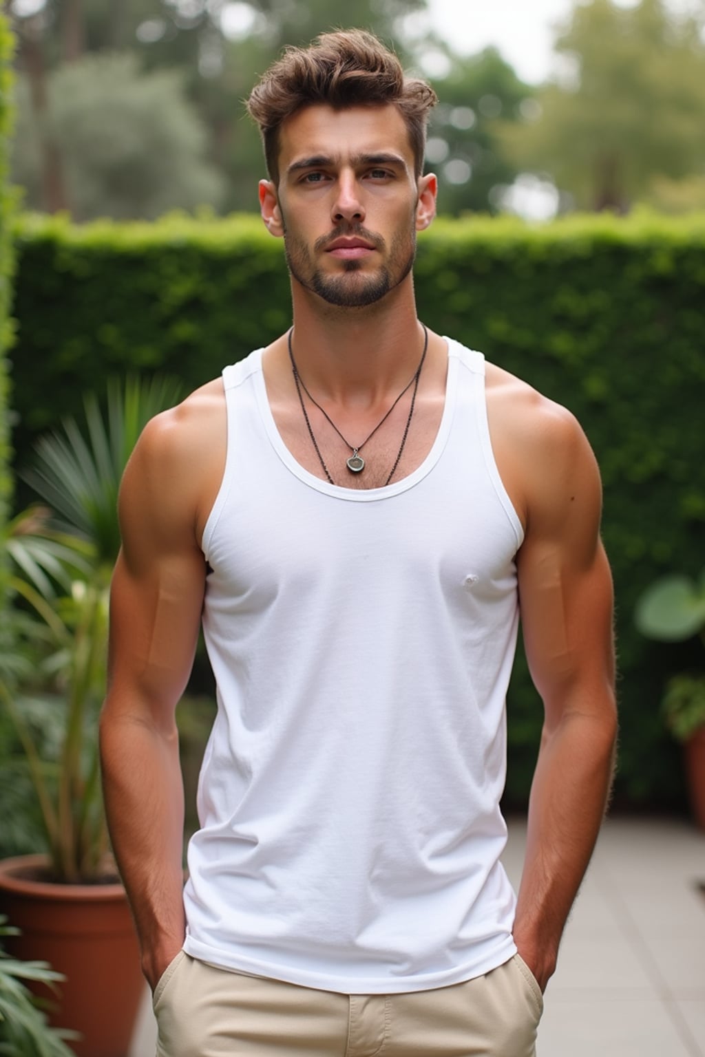 Front view of man wearing  white tanktop. The man is standing in an outdoor garden setting with lush greenery and potted plants in the background. The man's face is slightly tilted with a direct gaze towards the camera. The outfit is complemented by beige pants, and a necklace is visible around the man's neck. The background shows a mix of trimmed hedges and trees, creating a serene and natural atmosphere.