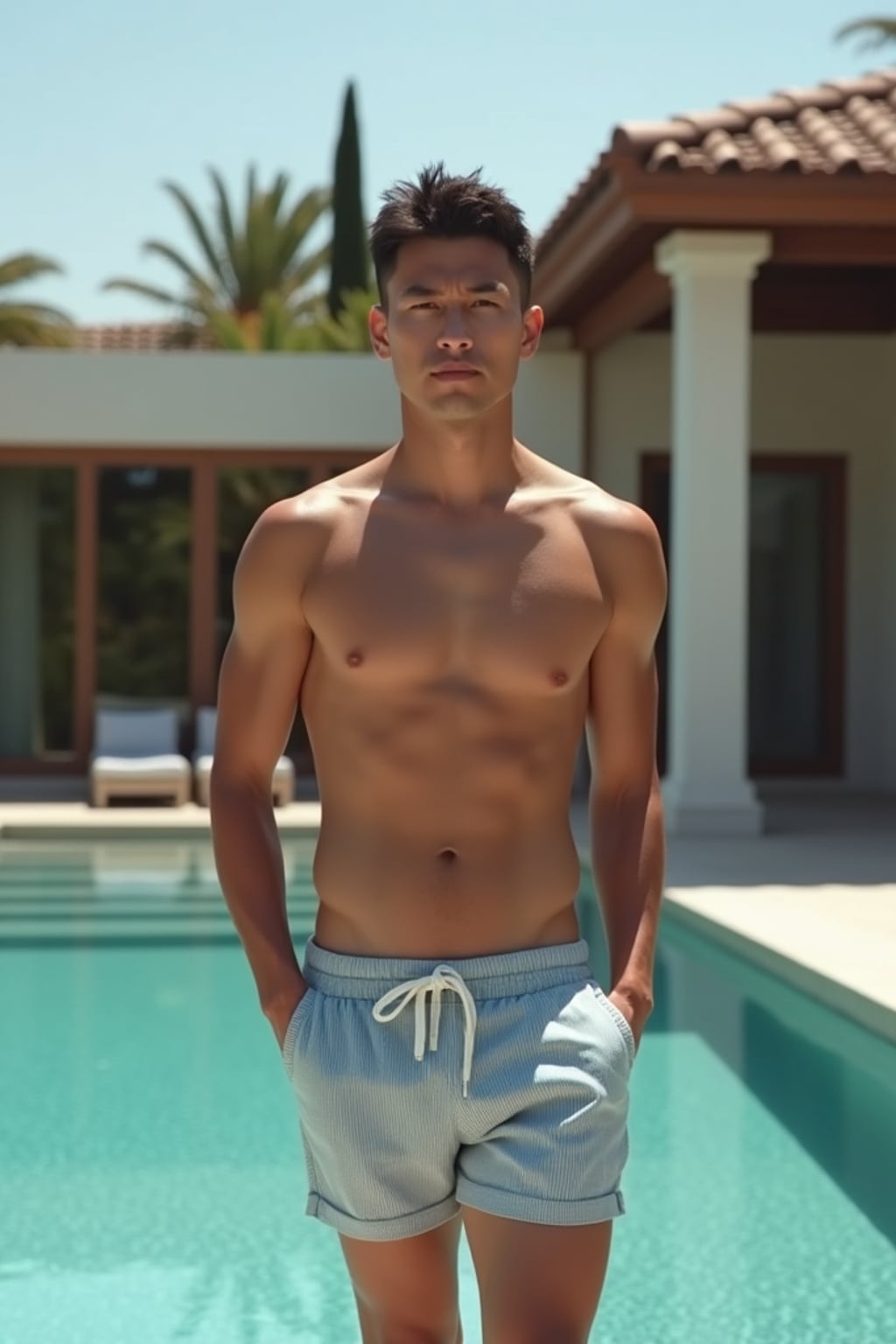full body photo of man wearing  swim shorts in front of luxury design villa