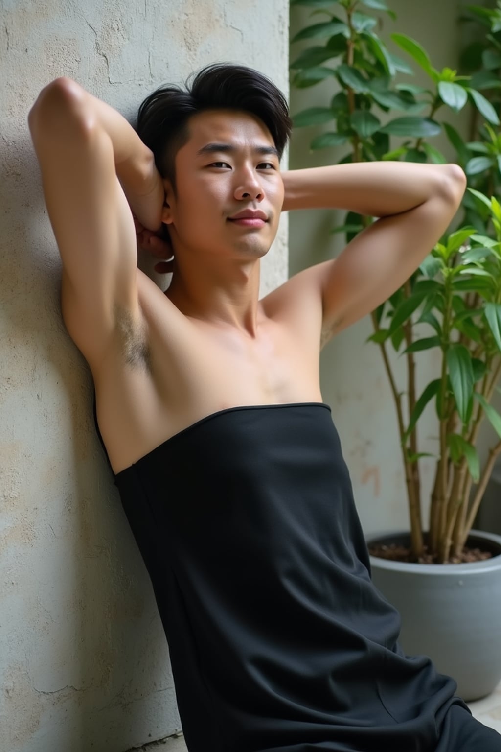 full body photo of man leaning against a textured wall outdoors. The man is wearing a black, strapless dress. The man's arms are raised with hands resting on the back of the head. The background features greenery and a planter with flowers, creating a serene garden setting. The man is facing forward with a relaxed expression.