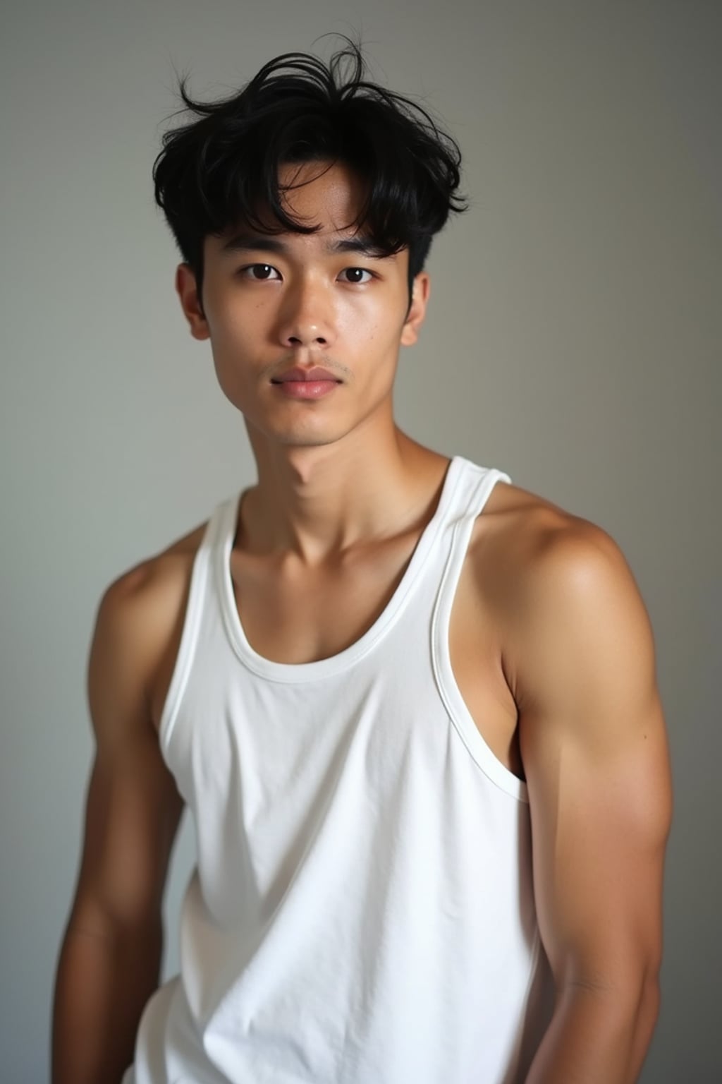 casual profile headshot photo of man for instagram. hasselblad photography. white tanktop.