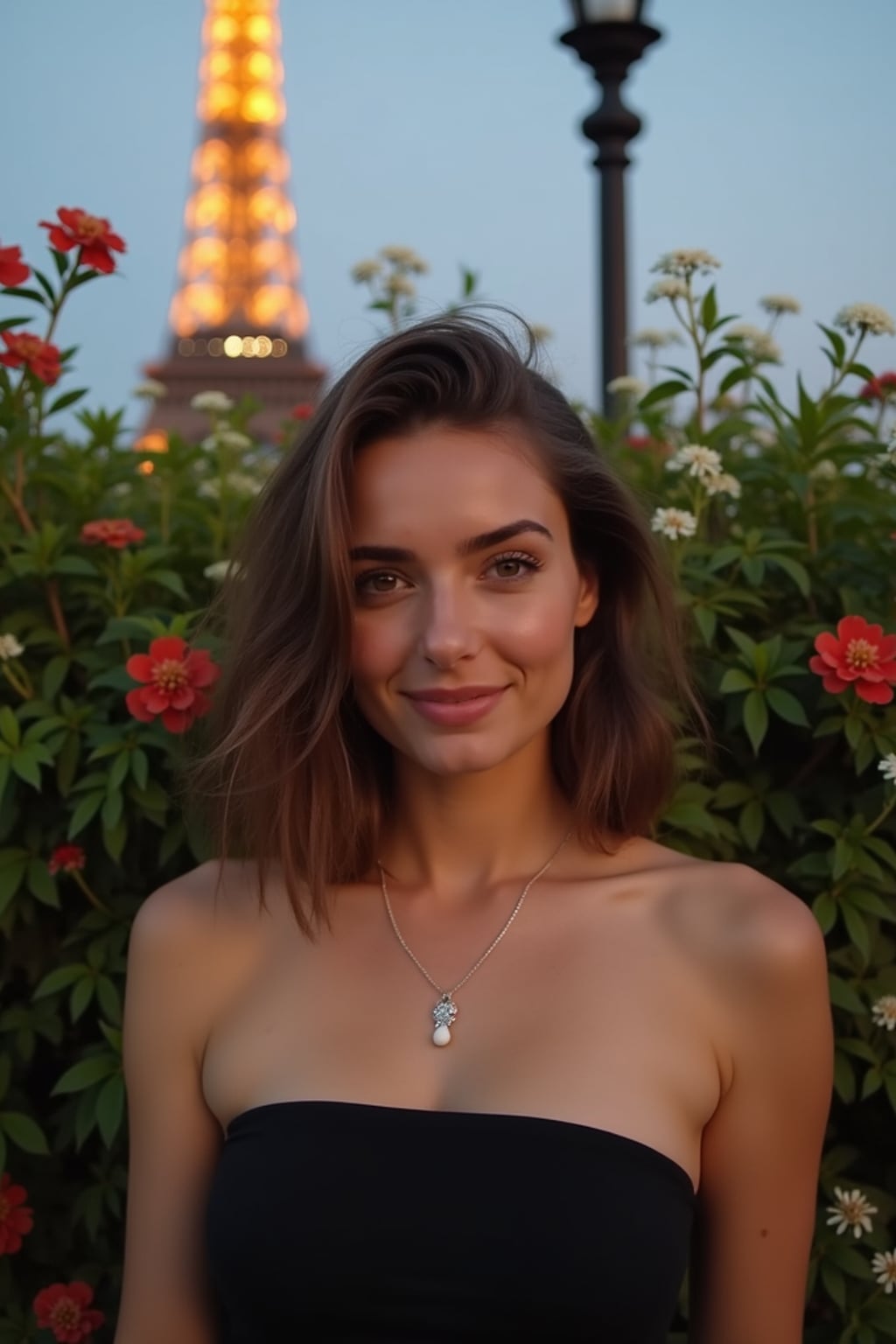 front view of woman wearing a strapless black top and a delicate necklace.  the woman is smiling and positioned in front of a lush green bush adorned with red and white flowers. in the background, there is a lit-up eiffel tower and a classic lamp post against a clear evening sky.