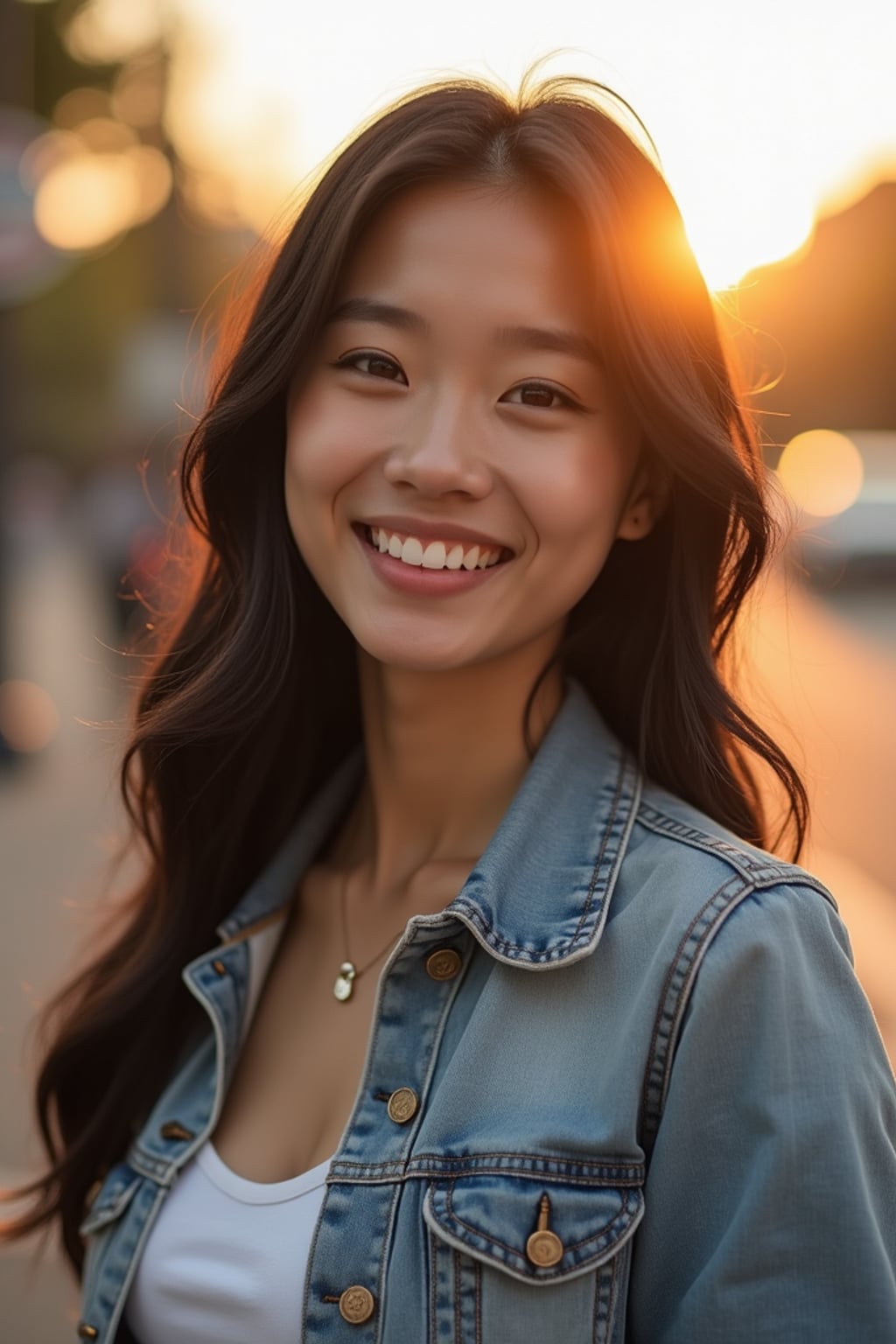 headshot of smiling woman wearing casual clothes posing for dating app headshot. outdoor blurry background. the lighting is warm, possibly from a setting sun, creating a soft glow around him, enhancing the casual and relaxed vibe of the image. the setting seems to be outdoors, likely in an urban environment, with the blurred background hinting at a street or park-like area. this image likely portrays a youthful, active, and approachable individual, possibly in a lifestyle or fashion-related context.