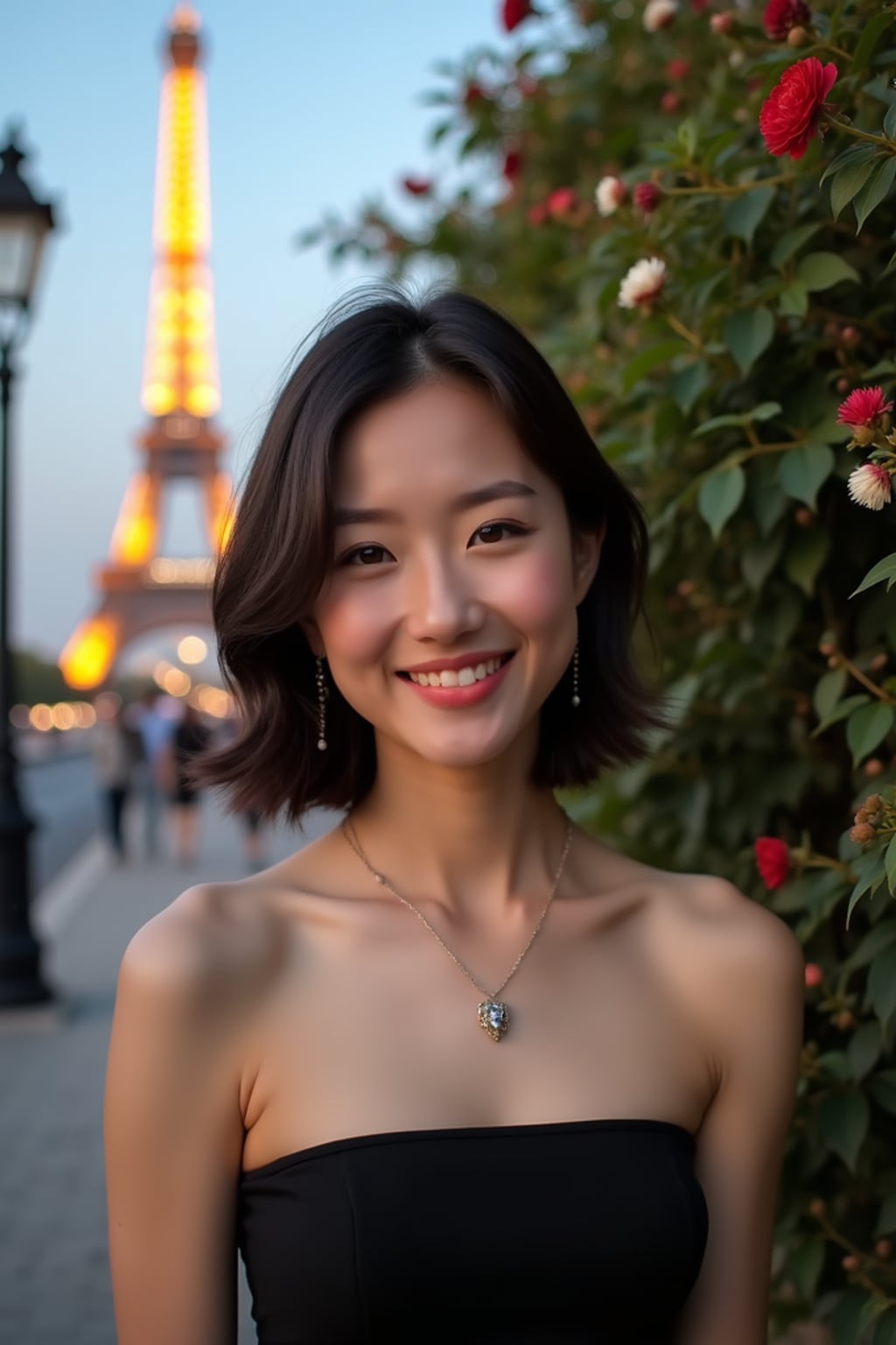 front view of woman wearing a strapless black top and a delicate necklace.  the woman is smiling and positioned in front of a lush green bush adorned with red and white flowers. in the background, there is a lit-up eiffel tower and a classic lamp post against a clear evening sky.