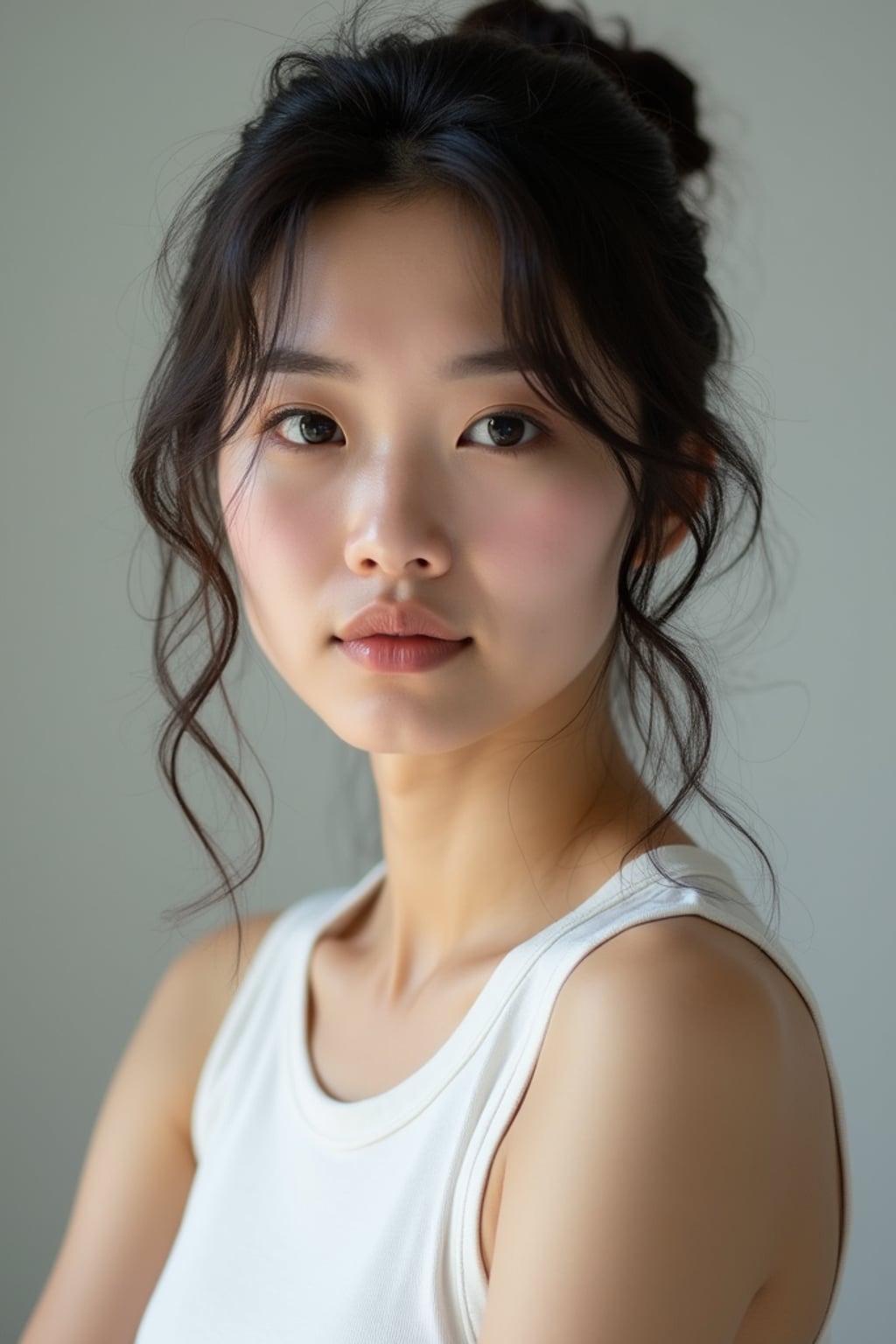 casual profile headshot photo of woman for instagram. hasselblad photography. white tanktop.