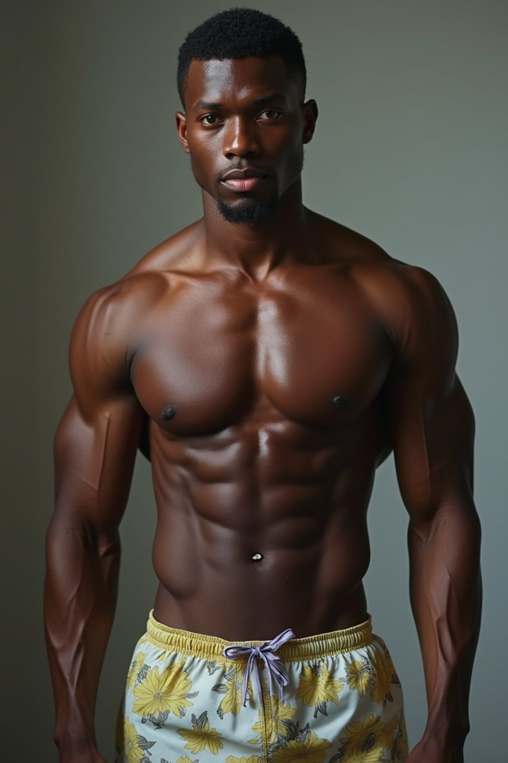 man  showing their muscles looking into camera. man is wearing  swim shorts the photo emphasizes their exaggerated, idealized body shapes.