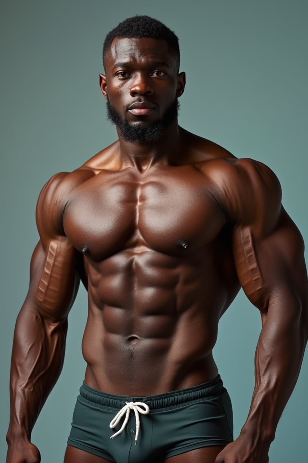 man  showing their muscles looking into camera. man is wearing  swim shorts the photo emphasizes their exaggerated, idealized body shapes.