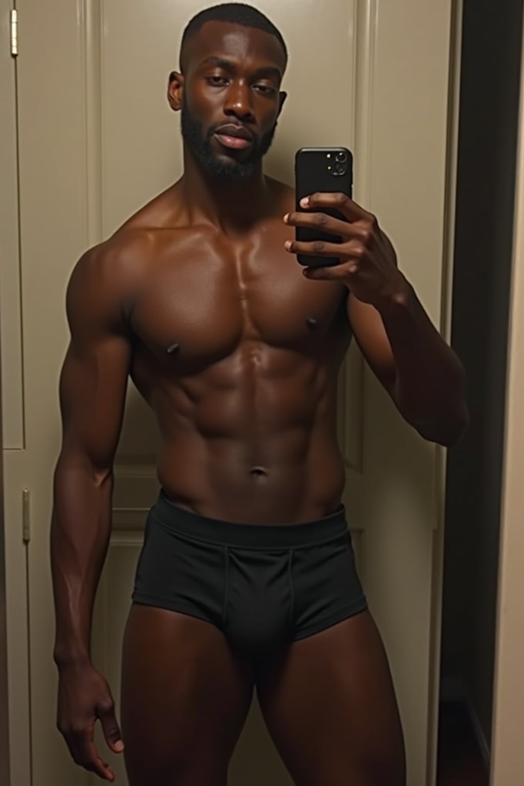 seductive man wearing  boxer shorts, doing mirror selfie, holding iPhone, full body, their reflection captured in a sultry pose. the photo emphasizes their exaggerated, idealized body shapes.